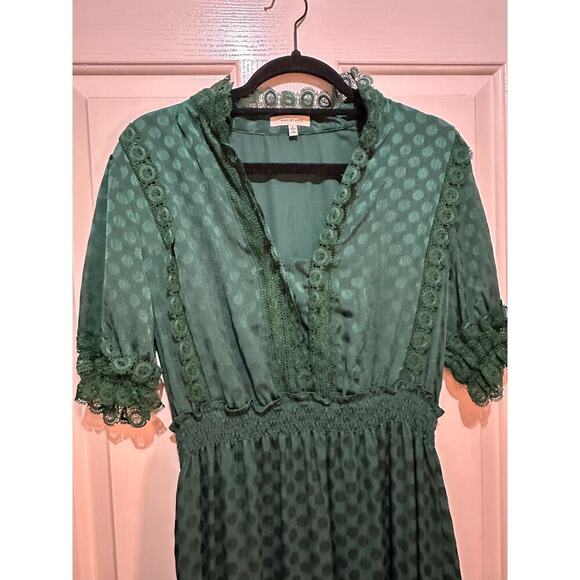 Max Studio Emerald Green Jacquard Dot Lace Trim Maxi Dress Size Large - Picture 4 of 7